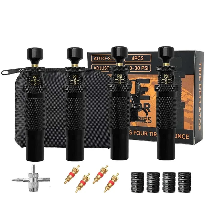 Auto-Stop Tire Deflator Valve Kit (10-30 PSI) 4 PCS Screw-on Tyre Air Down Tool Vehicles Motorcycle Offroad 4x4 Tire Tools Set