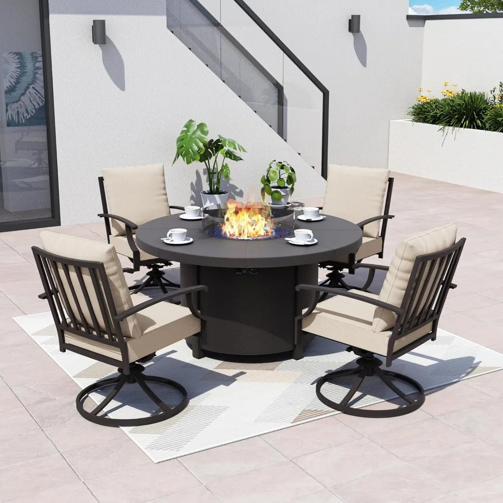 Furniture 5 Piece Metal Outdoor Patio Furniture Set With Round Fire Pit Table, Patio Conversation Sets 4 Swivel Chairs With Thic