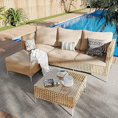8 Piece Patio Furniture Set with Fire Pit Table, Outdoor Sectional Furniture, Wicker Patio Sofa, Conversation Set Perfect for Ba