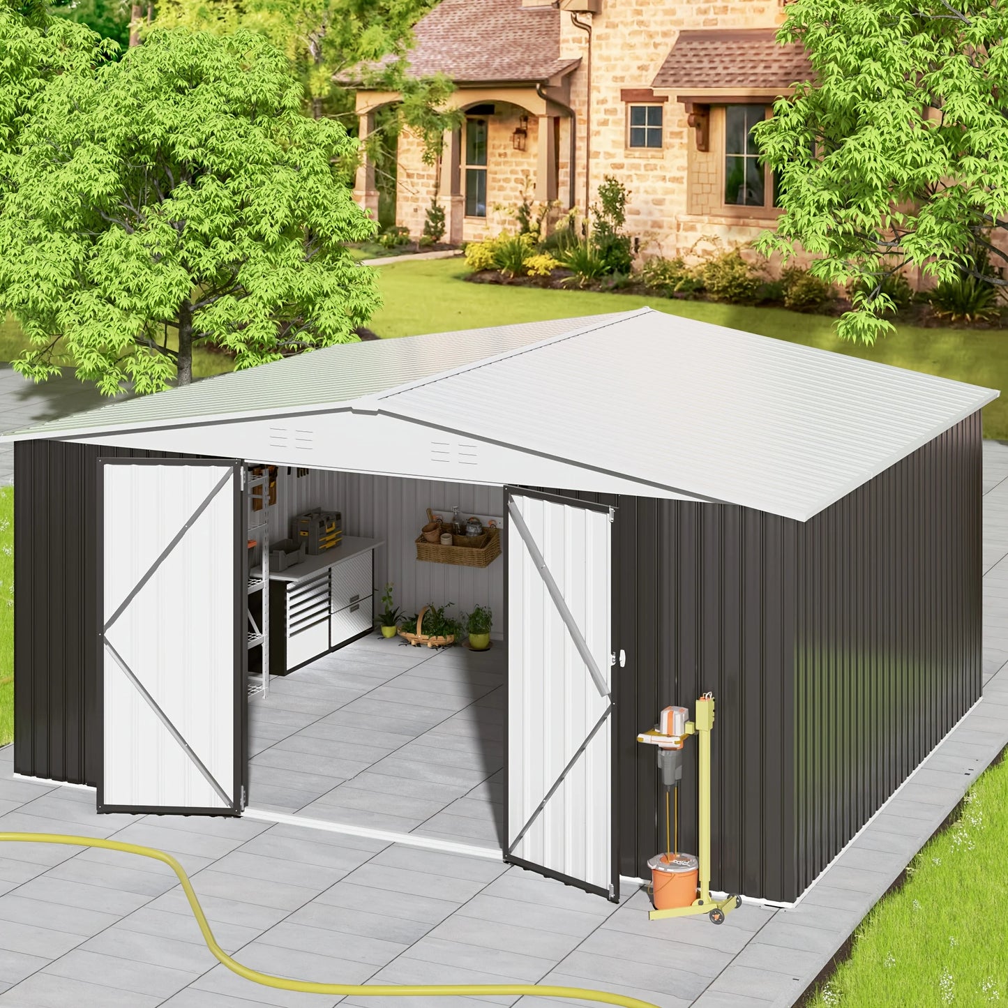 12x14FT Galvanized Steel Storage Shed Heavy Duty Lockable Hasp Door White Roof Garden Tool Shed for Backyard Patio Easy Assembly