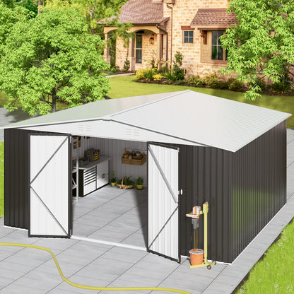 12x14FT Galvanized Steel Storage Shed Heavy Duty Lockable Hasp Door White Roof Garden Tool Shed for Backyard Patio Easy Assembly