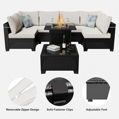 8 Piece Patio Furniture Set with Fire Pit Table, Outdoor Sectional Furniture, Wicker Patio Sofa, Conversation Set Perfect for Ba