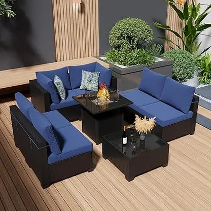 8 Piece Patio Furniture Set with Fire Pit Table, Outdoor Sectional Furniture, Wicker Patio Sofa, Conversation Set Perfect for Ba