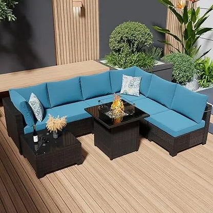 8 Piece Patio Furniture Set with Fire Pit Table, Outdoor Sectional Furniture, Wicker Patio Sofa, Conversation Set Perfect for Ba