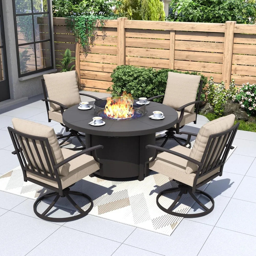 Furniture 5 Piece Metal Outdoor Patio Furniture Set With Round Fire Pit Table, Patio Conversation Sets 4 Swivel Chairs With Thic