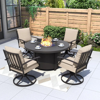 Furniture 5 Piece Metal Outdoor Patio Furniture Set With Round Fire Pit Table, Patio Conversation Sets 4 Swivel Chairs With Thic