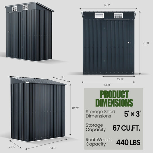 5x3 FT Outdoor Storage Shed, Metal Garden Shed with Lockable Door, Anti-Corrosion Tool Shed with Sloping Roof