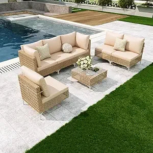 8 Piece Patio Furniture Set with Fire Pit Table, Outdoor Sectional Furniture, Wicker Patio Sofa, Conversation Set Perfect for Ba