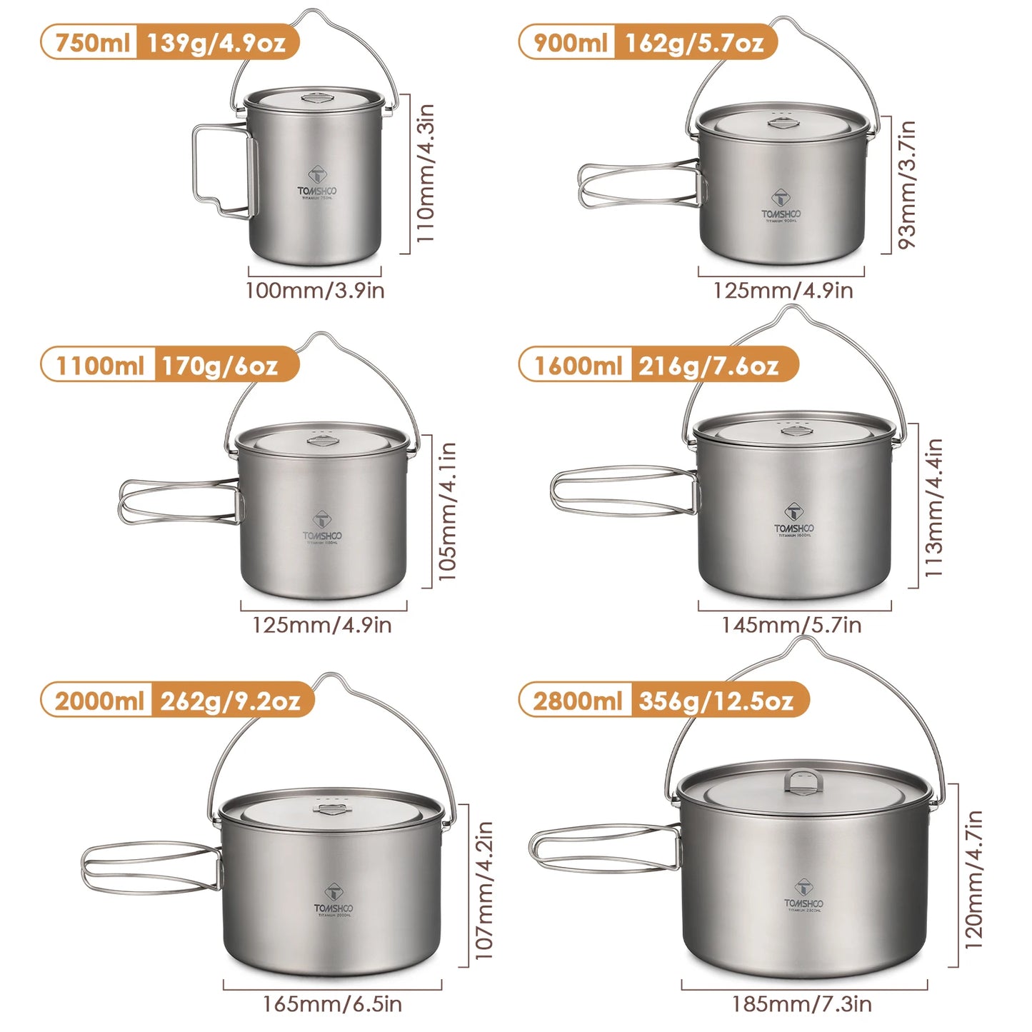 TOMSHOO Camping Cookware Titanium Pot