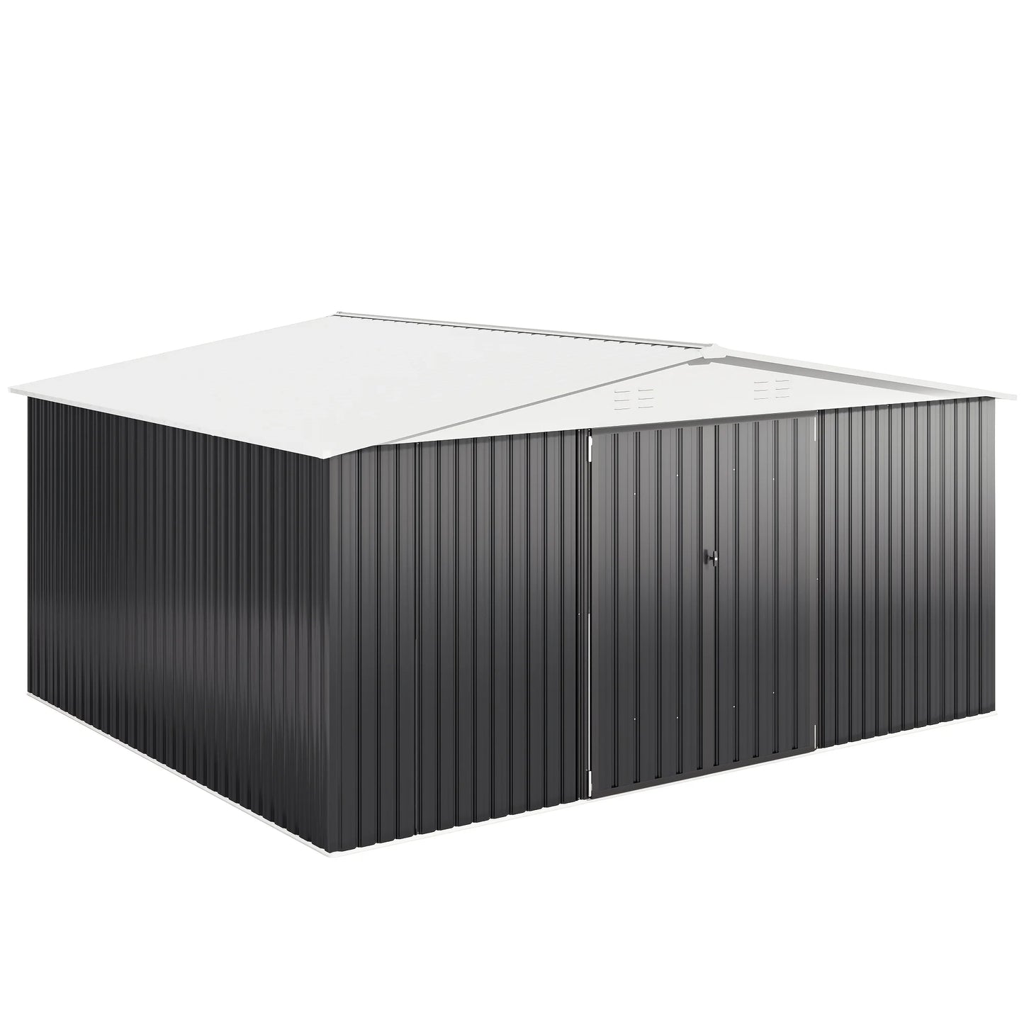 12x14FT Galvanized Steel Storage Shed Heavy Duty Lockable Hasp Door White Roof Garden Tool Shed for Backyard Patio Easy Assembly