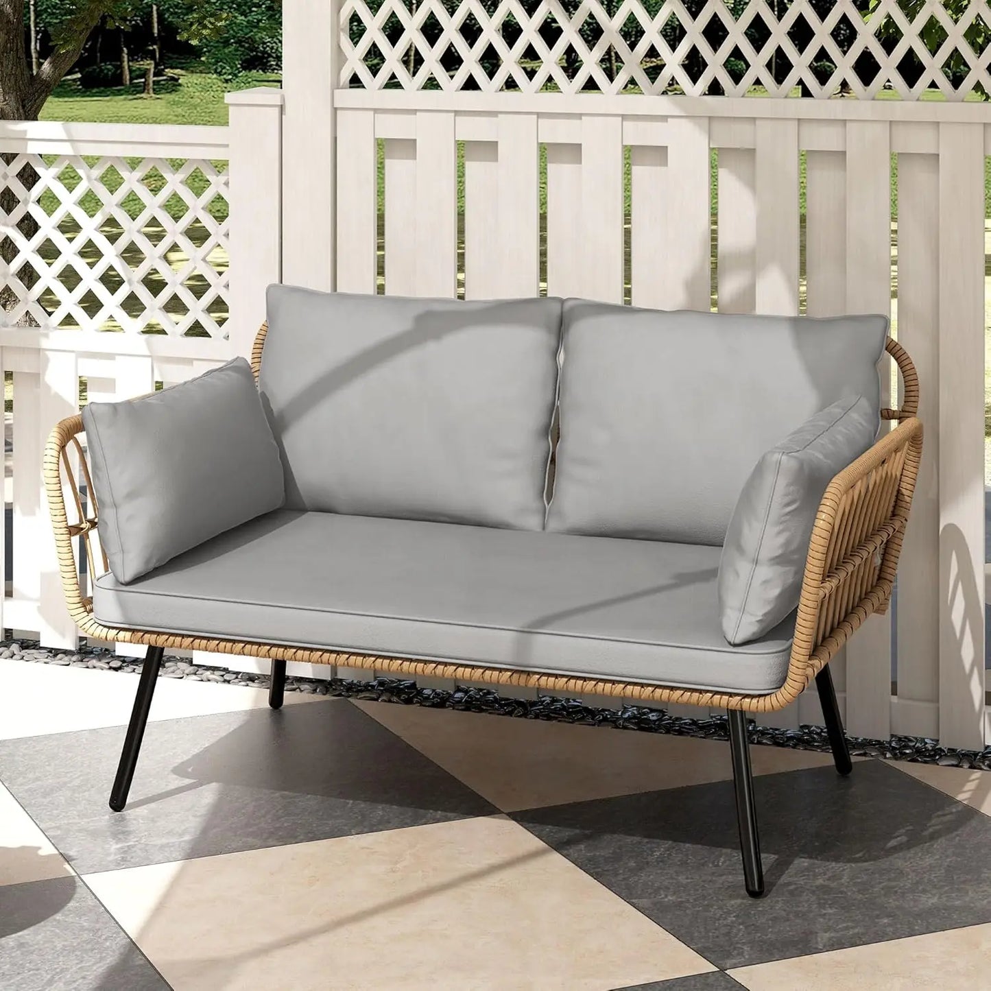 patio wicker loveseat, all-weather rattan 2 seater sofa with cushions & lumbar pillows, outdoor patio furniture set for patio,