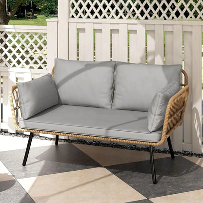 patio wicker loveseat, all-weather rattan 2 seater sofa with cushions & lumbar pillows, outdoor patio furniture set for patio,