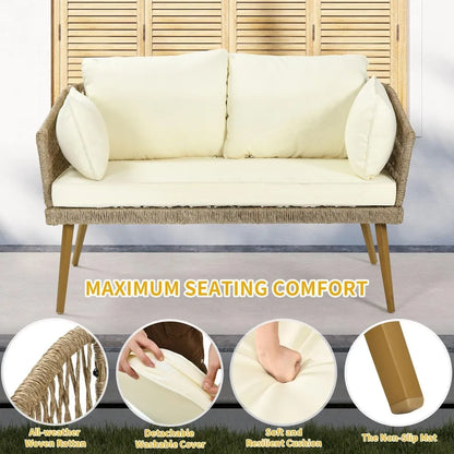 patio wicker loveseat, all-weather rattan 2 seater sofa with cushions & lumbar pillows, outdoor patio furniture set for patio,