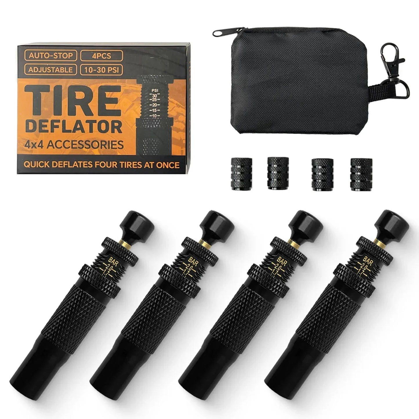 Auto-Stop Tire Deflator Valve Kit (10-30 PSI) 4 PCS Screw-on Tyre Air Down Tool Vehicles Motorcycle Offroad 4x4 Tire Tools Set
