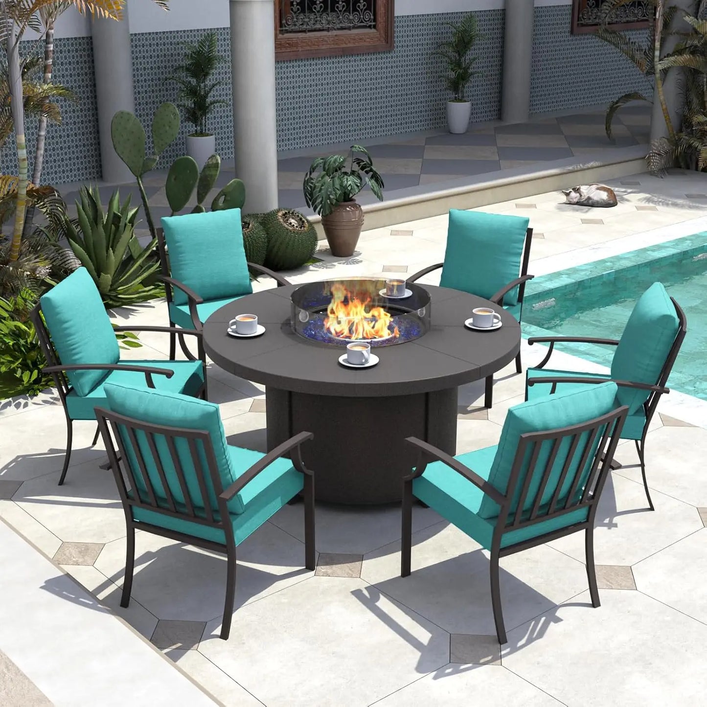 Furniture 5 Piece Metal Outdoor Patio Furniture Set With Round Fire Pit Table, Patio Conversation Sets 4 Swivel Chairs With Thic