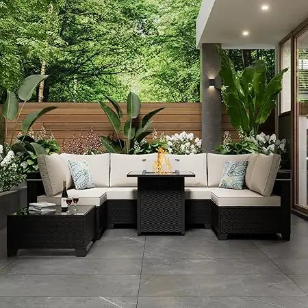 8 Piece Patio Furniture Set with Fire Pit Table, Outdoor Sectional Furniture, Wicker Patio Sofa, Conversation Set Perfect for Ba