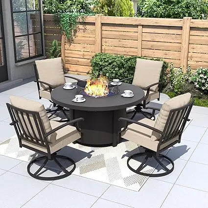 Furniture 5 Piece Metal Outdoor Patio Furniture Set With Round Fire Pit Table, Patio Conversation Sets 4 Swivel Chairs With Thic