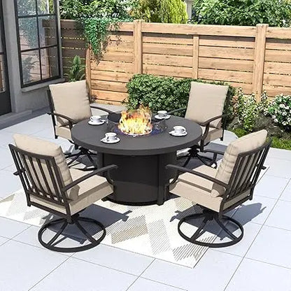 Furniture 5 Piece Metal Outdoor Patio Furniture Set With Round Fire Pit Table, Patio Conversation Sets 4 Swivel Chairs With Thic