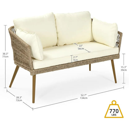 patio wicker loveseat, all-weather rattan 2 seater sofa with cushions & lumbar pillows, outdoor patio furniture set for patio,