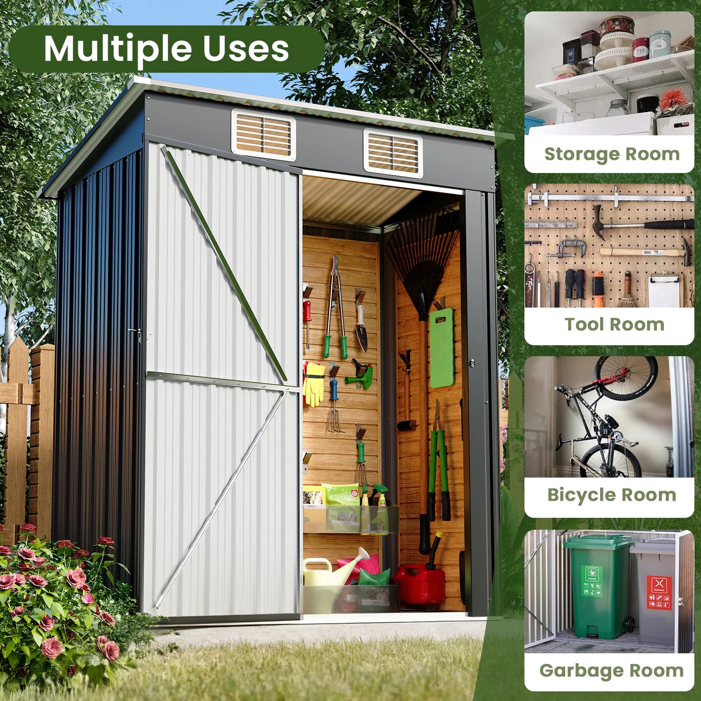 5x3 FT Outdoor Storage Shed, Metal Garden Shed with Lockable Door, Anti-Corrosion Tool Shed with Sloping Roof