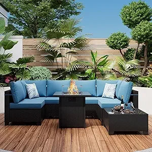 8 Piece Patio Furniture Set with Fire Pit Table, Outdoor Sectional Furniture, Wicker Patio Sofa, Conversation Set Perfect for Ba